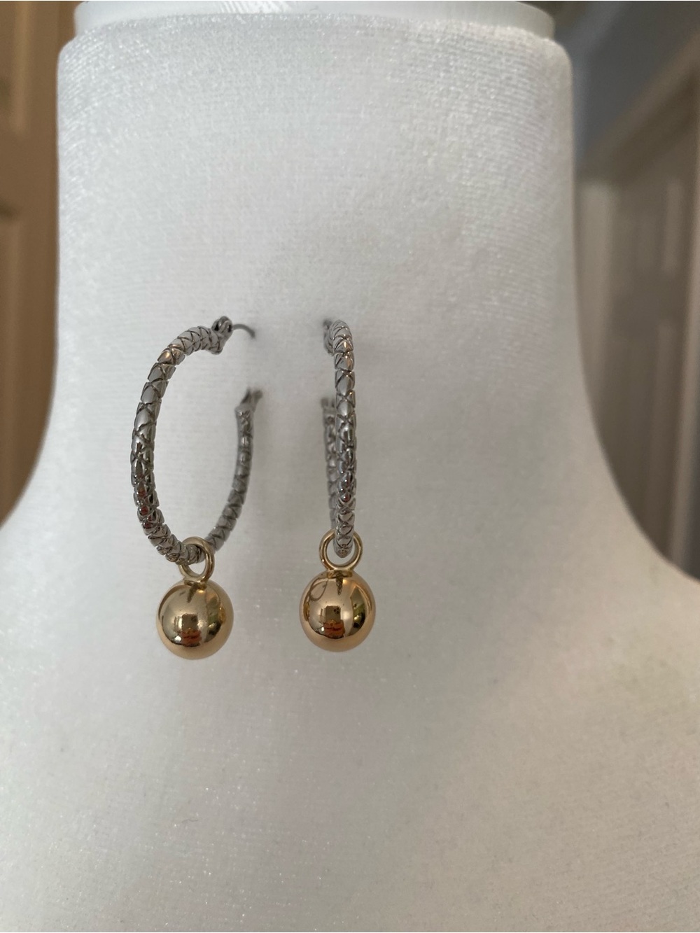 White House Black Market Two-Tone Textured Hoop Earrings with Gold Ball Drops